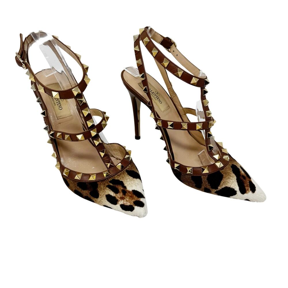 Valentino Garavani Rockstud Leopard Calf Hair Strappy Pumps Brown Gold 37
